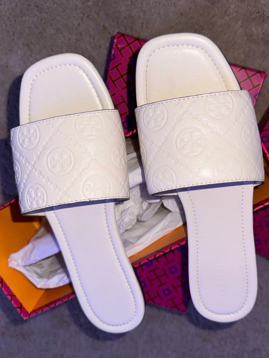 Tory Burch Shoes - Tory Burch T monogram Light Cream Monogram Sandals